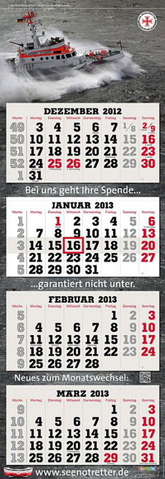 Die Abbildung zeigt einen 4-Monatskalender der Seenotretter aus dem Jahr 2013
