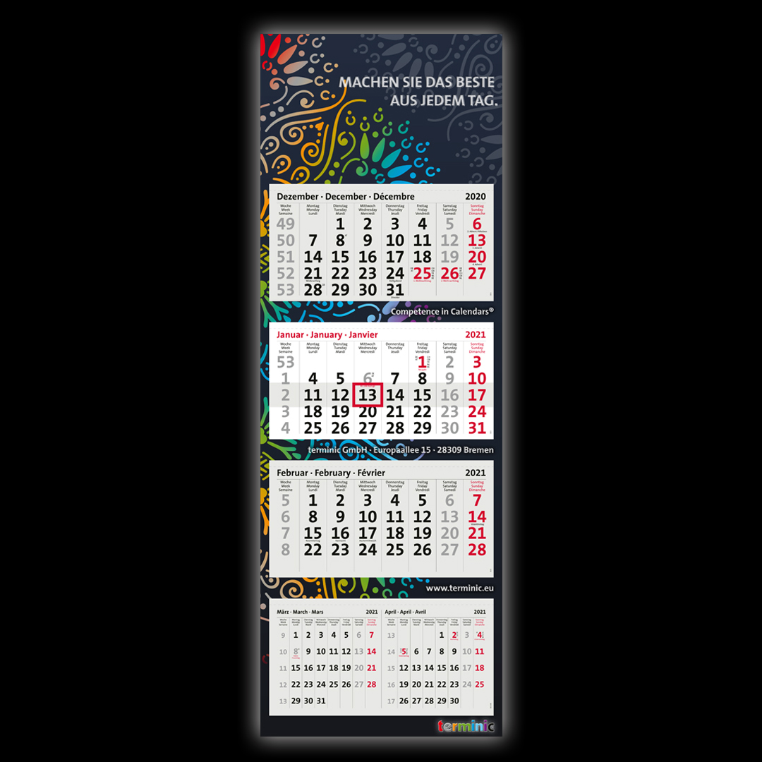 5-Monatskalender bedrucken lassen, das Modell Super 1 HiFive von terminic mit 4 Kalenderblöcken und dunkler Rückwand im Mandala Design