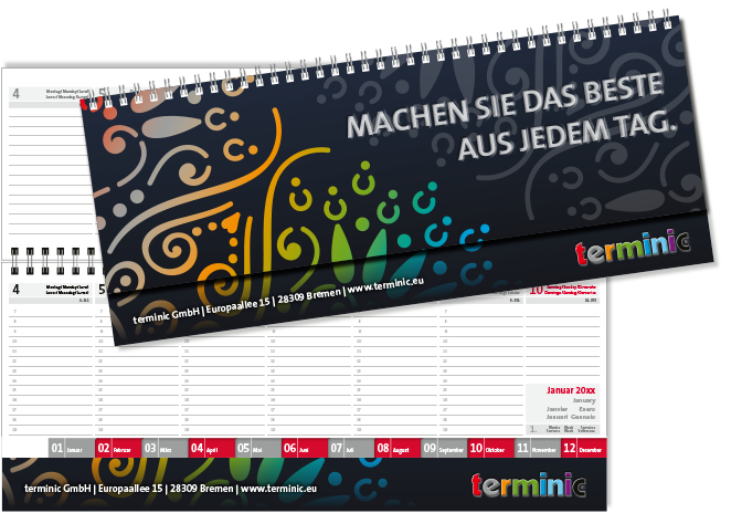 Tischkalender gestalten - Der Tischquerkalender MEGA von terminic, offen und mit Umschlag im bunten Mandala Design